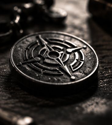 A heavy metal token stamped with the GoPlay symbol